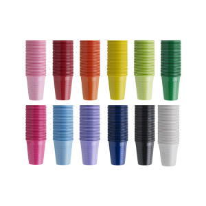 Vasos desechables dentales de plástico con capacidad de 5 onzas, vienen en un paquete con 100 piezas de colores surtidos.